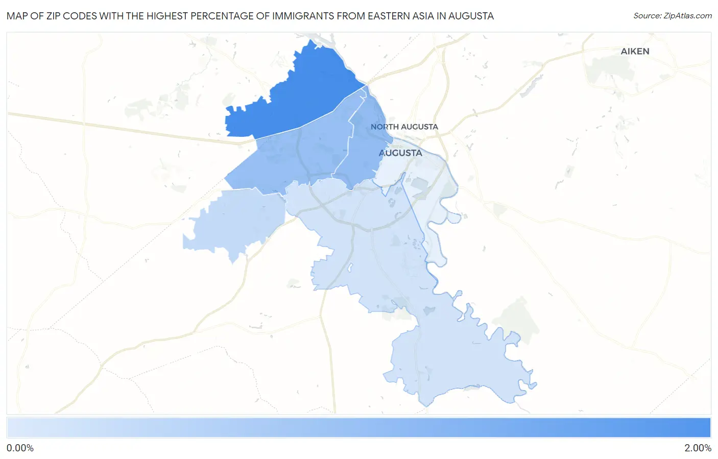 Zip Codes with the Highest Percentage of Immigrants from Eastern Asia in Augusta Map