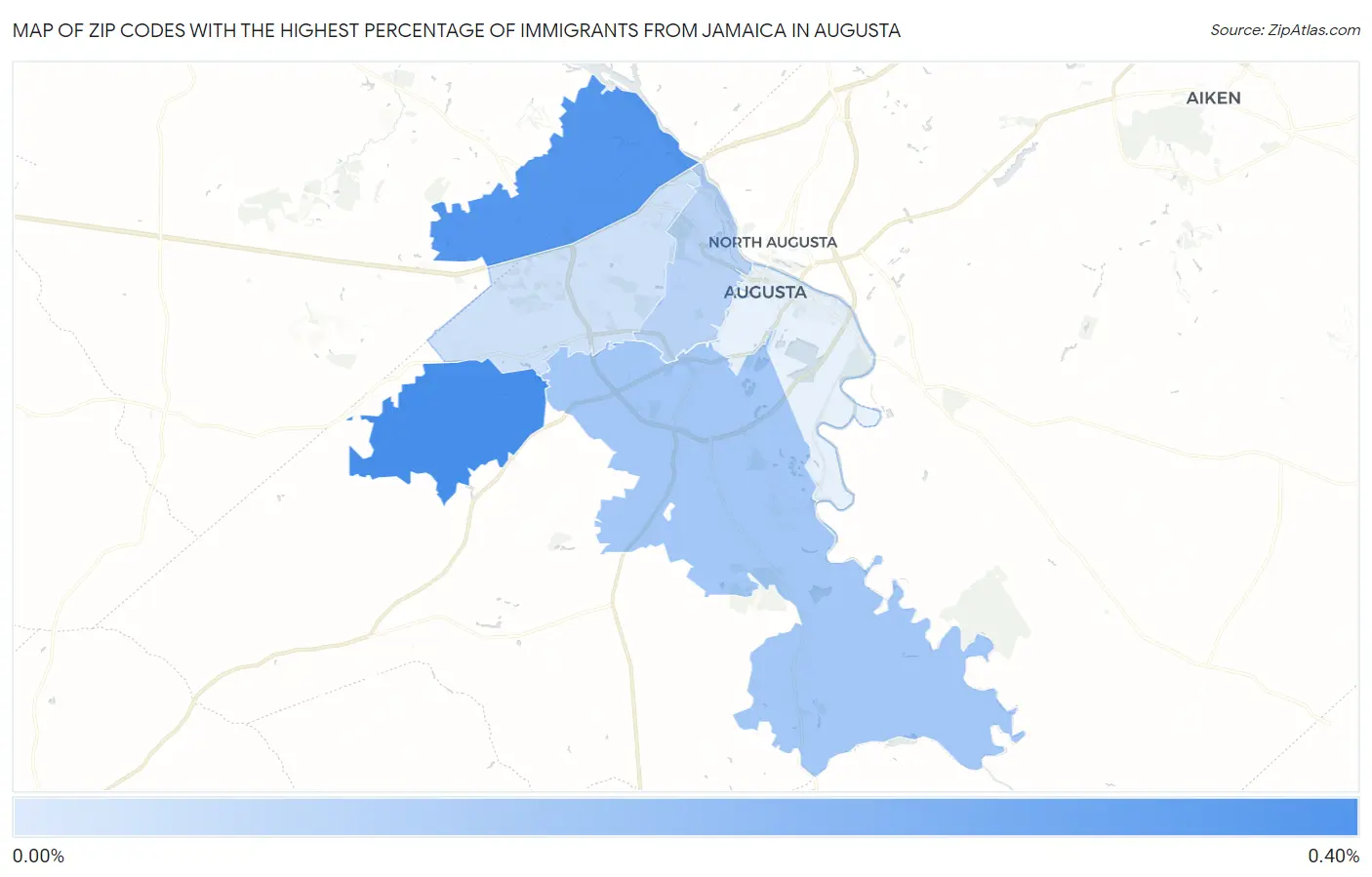Zip Codes with the Highest Percentage of Immigrants from Jamaica in Augusta Map