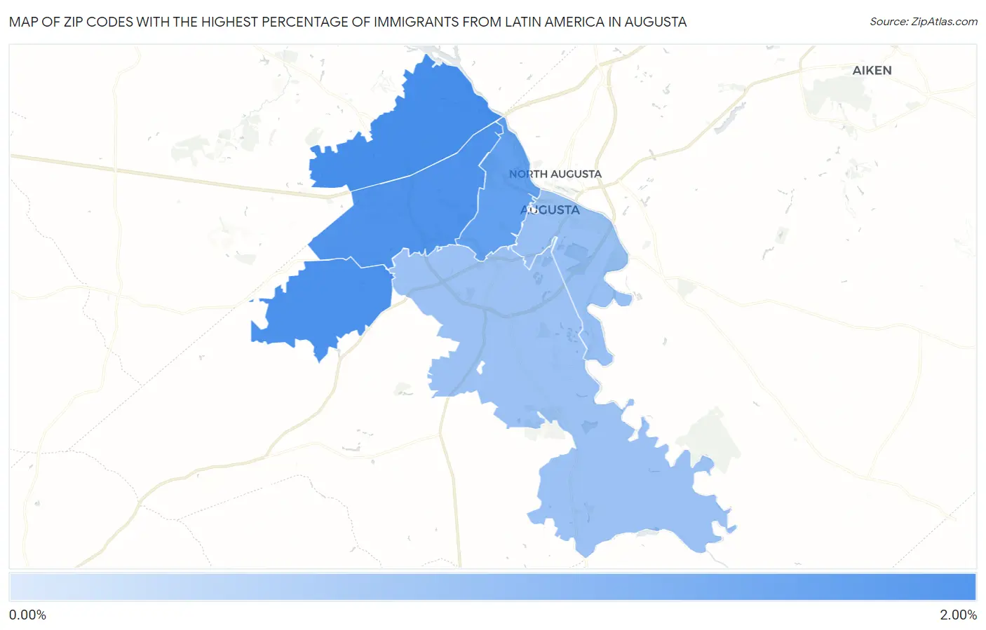 Zip Codes with the Highest Percentage of Immigrants from Latin America in Augusta Map