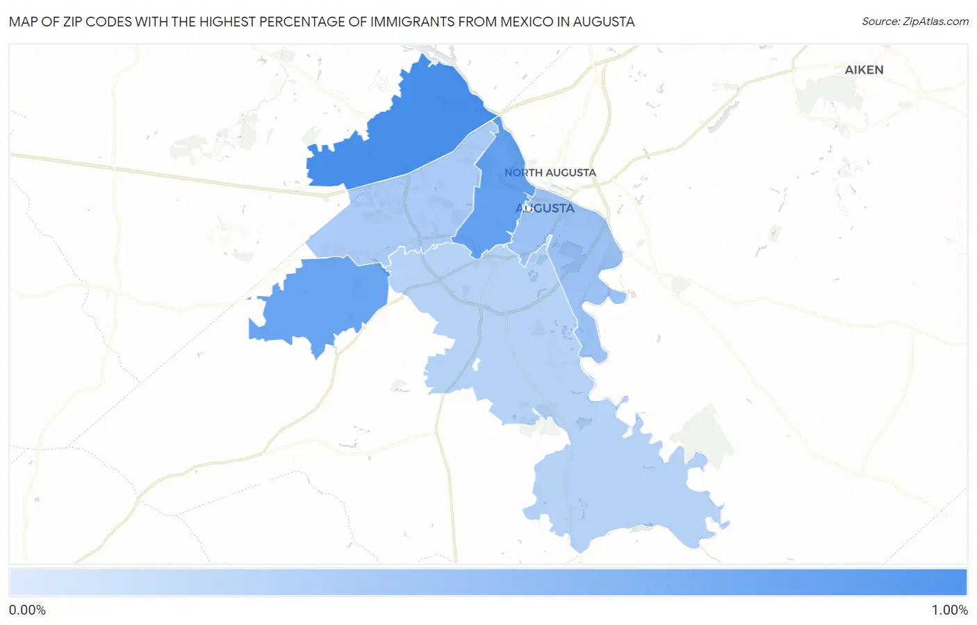 Zip Codes with the Highest Percentage of Immigrants from Mexico in Augusta Map