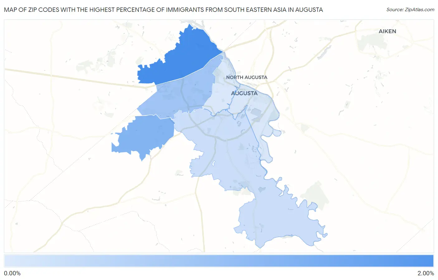 Zip Codes with the Highest Percentage of Immigrants from South Eastern Asia in Augusta Map