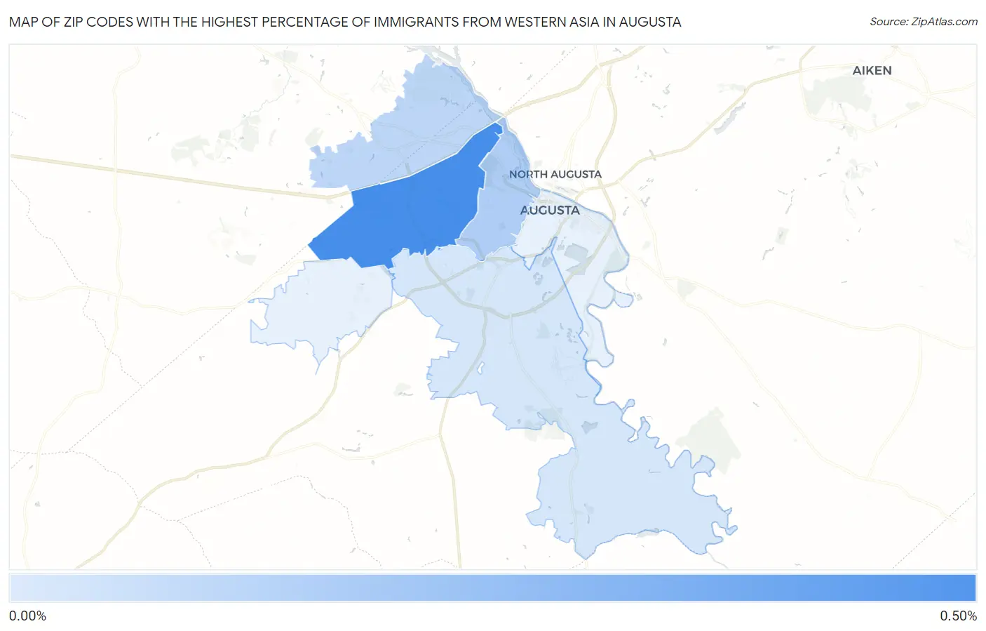 Zip Codes with the Highest Percentage of Immigrants from Western Asia in Augusta Map