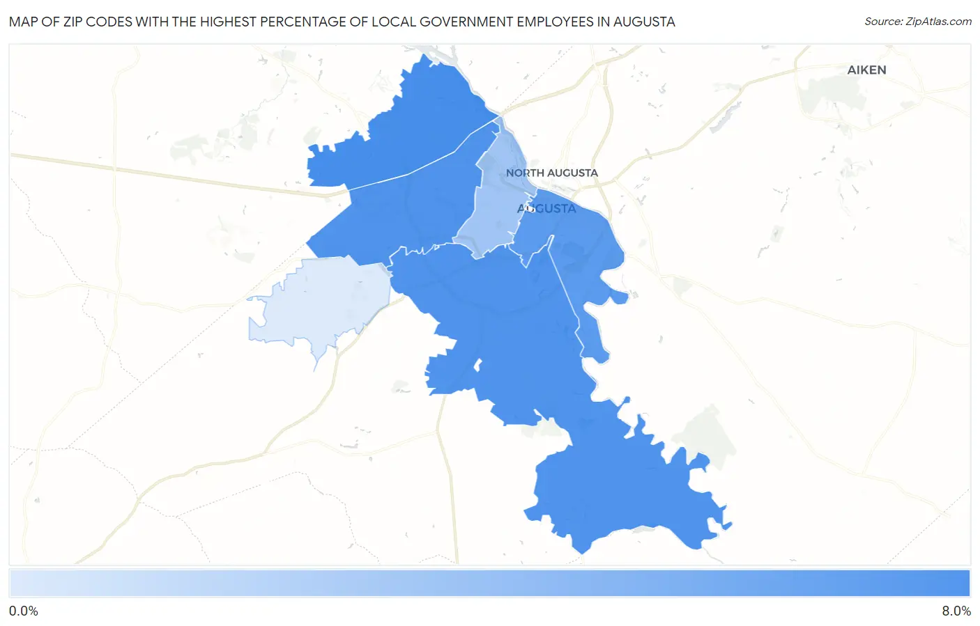 Zip Codes with the Highest Percentage of Local Government Employees in Augusta Map