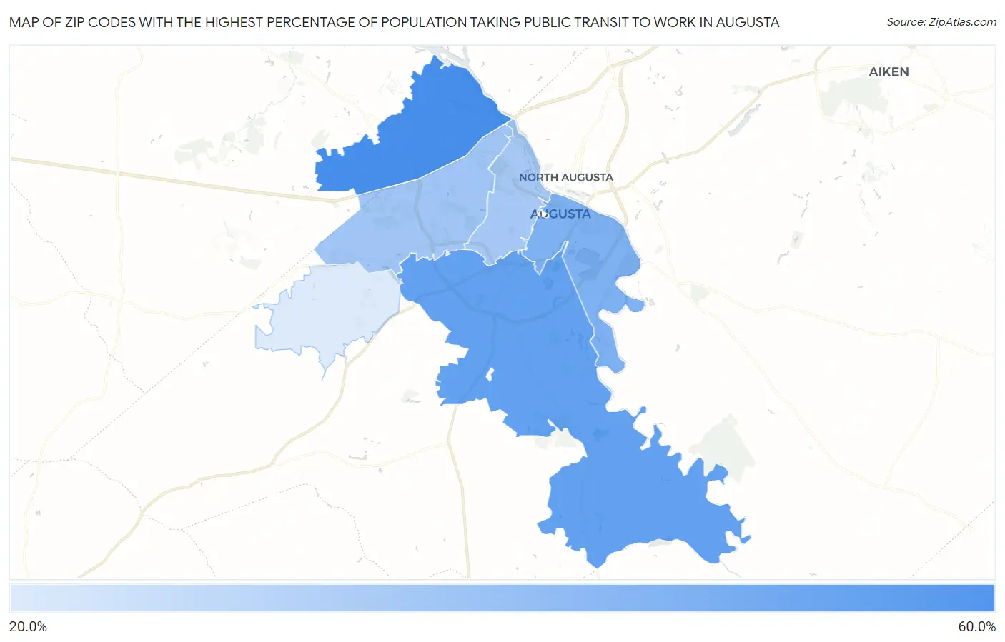 Zip Codes with the Highest Percentage of Population Taking Public Transit to Work in Augusta Map