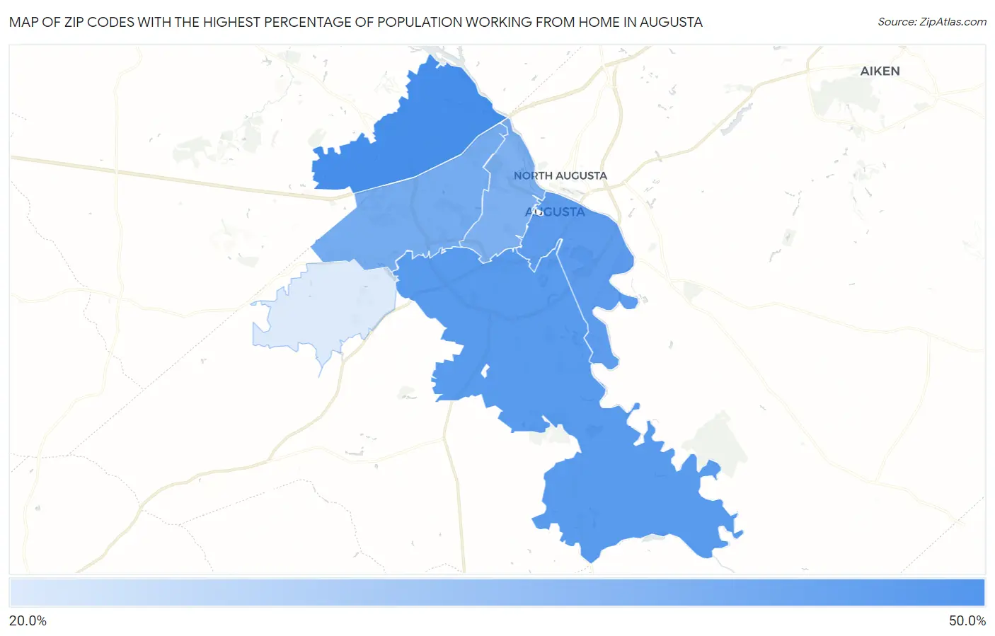 Zip Codes with the Highest Percentage of Population Working from Home in Augusta Map