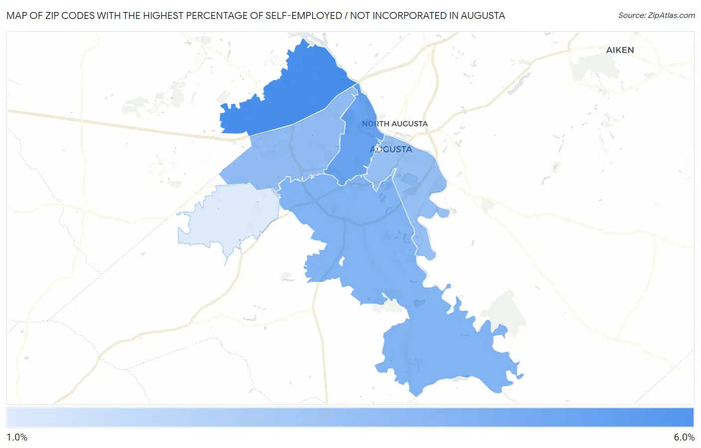 Zip Codes with the Highest Percentage of Self-Employed / Not Incorporated in Augusta Map