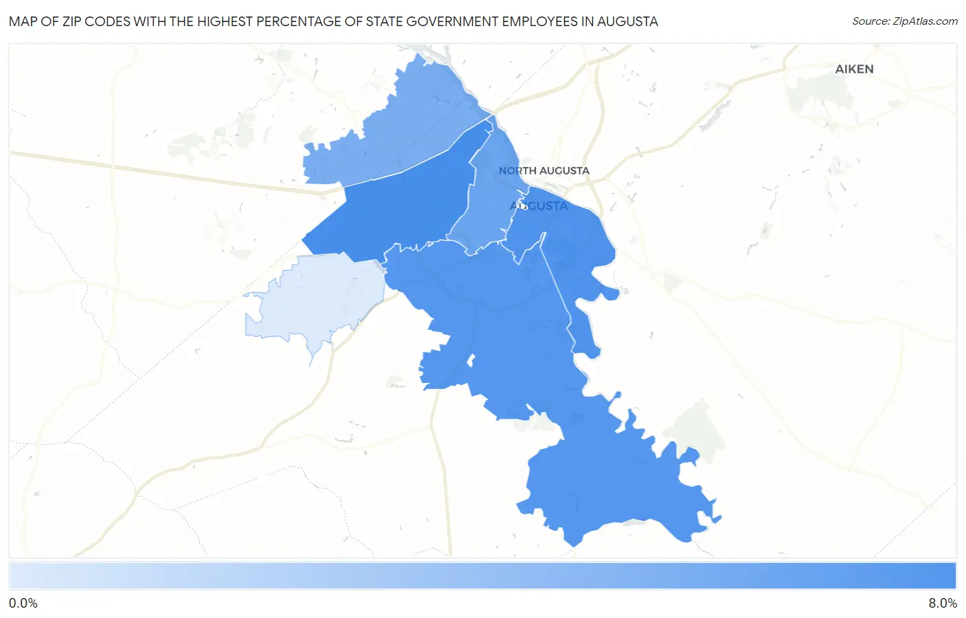 Zip Codes with the Highest Percentage of State Government Employees in Augusta Map