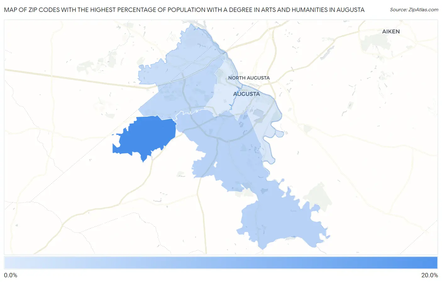 Zip Codes with the Highest Percentage of Population with a Degree in Arts and Humanities in Augusta Map