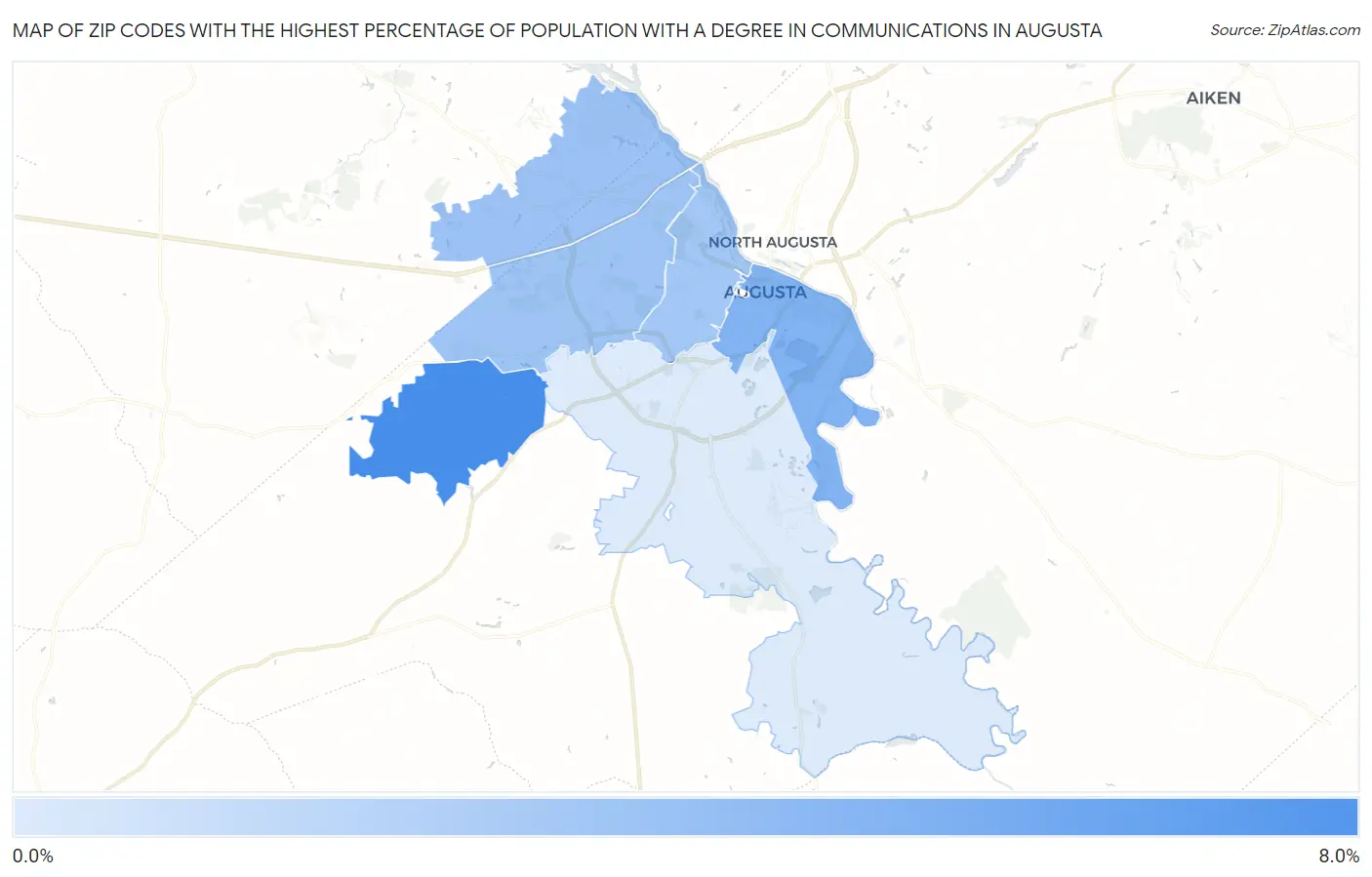 Zip Codes with the Highest Percentage of Population with a Degree in Communications in Augusta Map