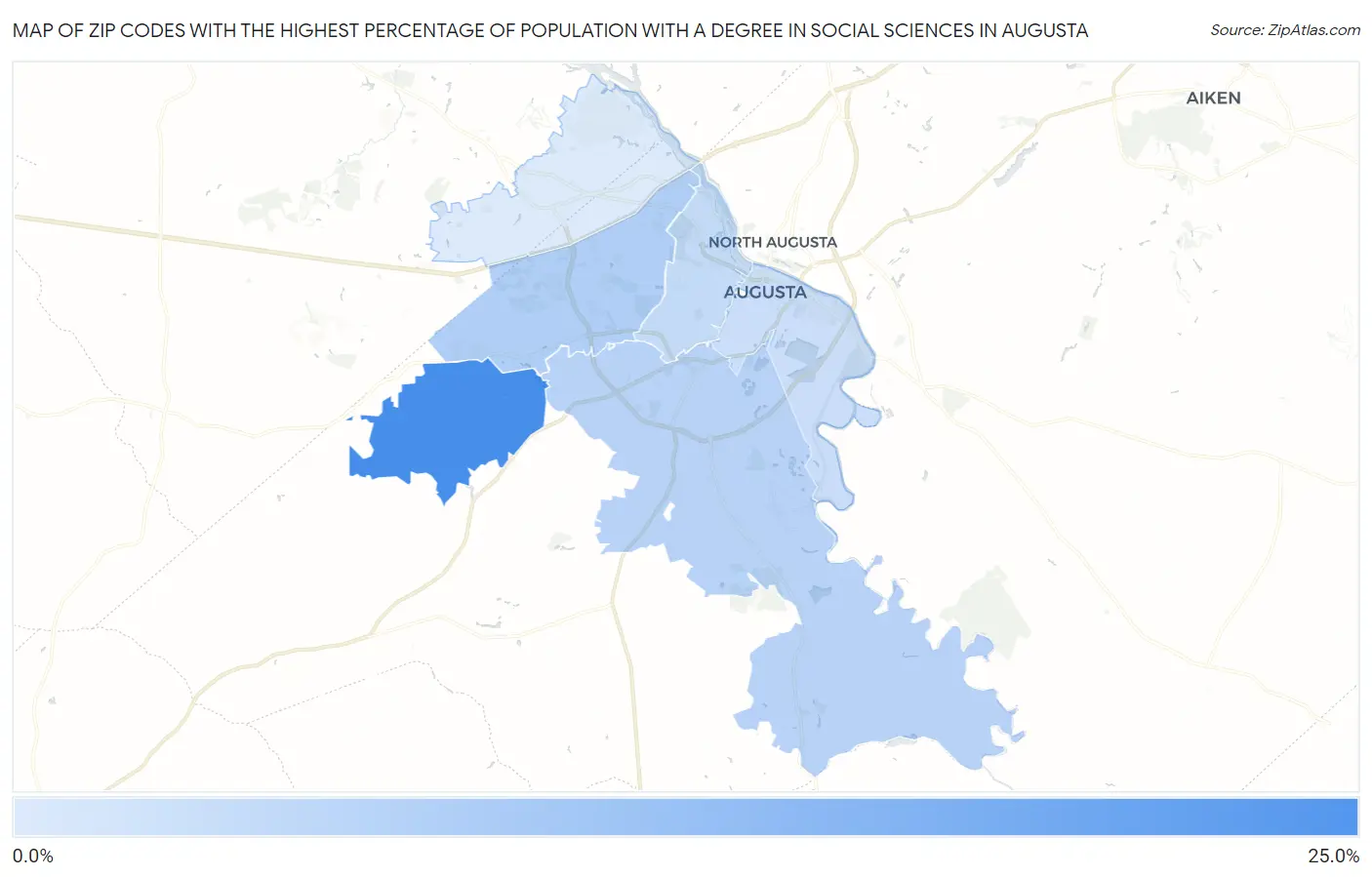 Zip Codes with the Highest Percentage of Population with a Degree in Social Sciences in Augusta Map