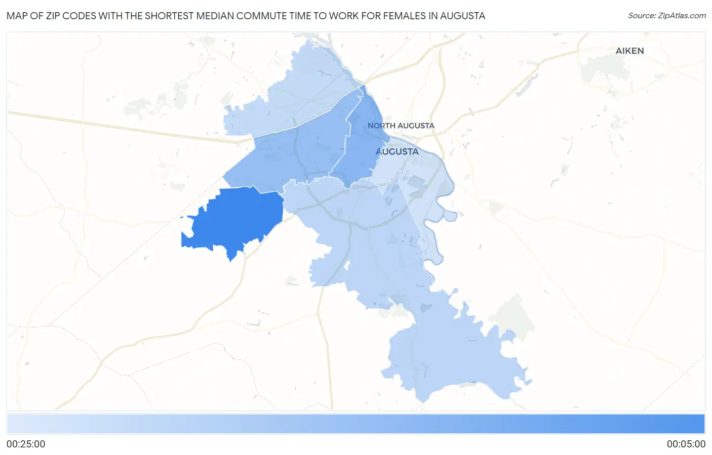 Zip Codes with the Shortest Median Commute Time to Work for Females in Augusta Map