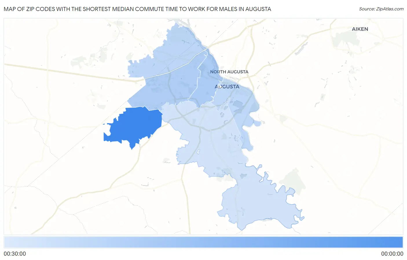 Zip Codes with the Shortest Median Commute Time to Work for Males in Augusta Map