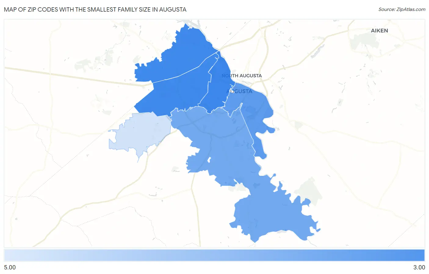 Zip Codes with the Smallest Family Size in Augusta Map