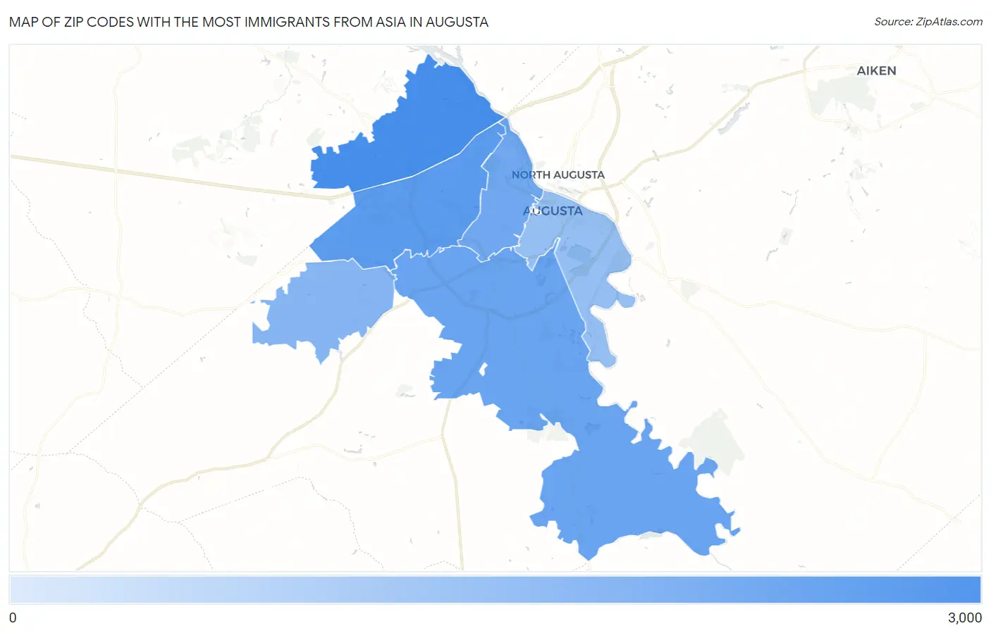 Zip Codes with the Most Immigrants from Asia in Augusta Map