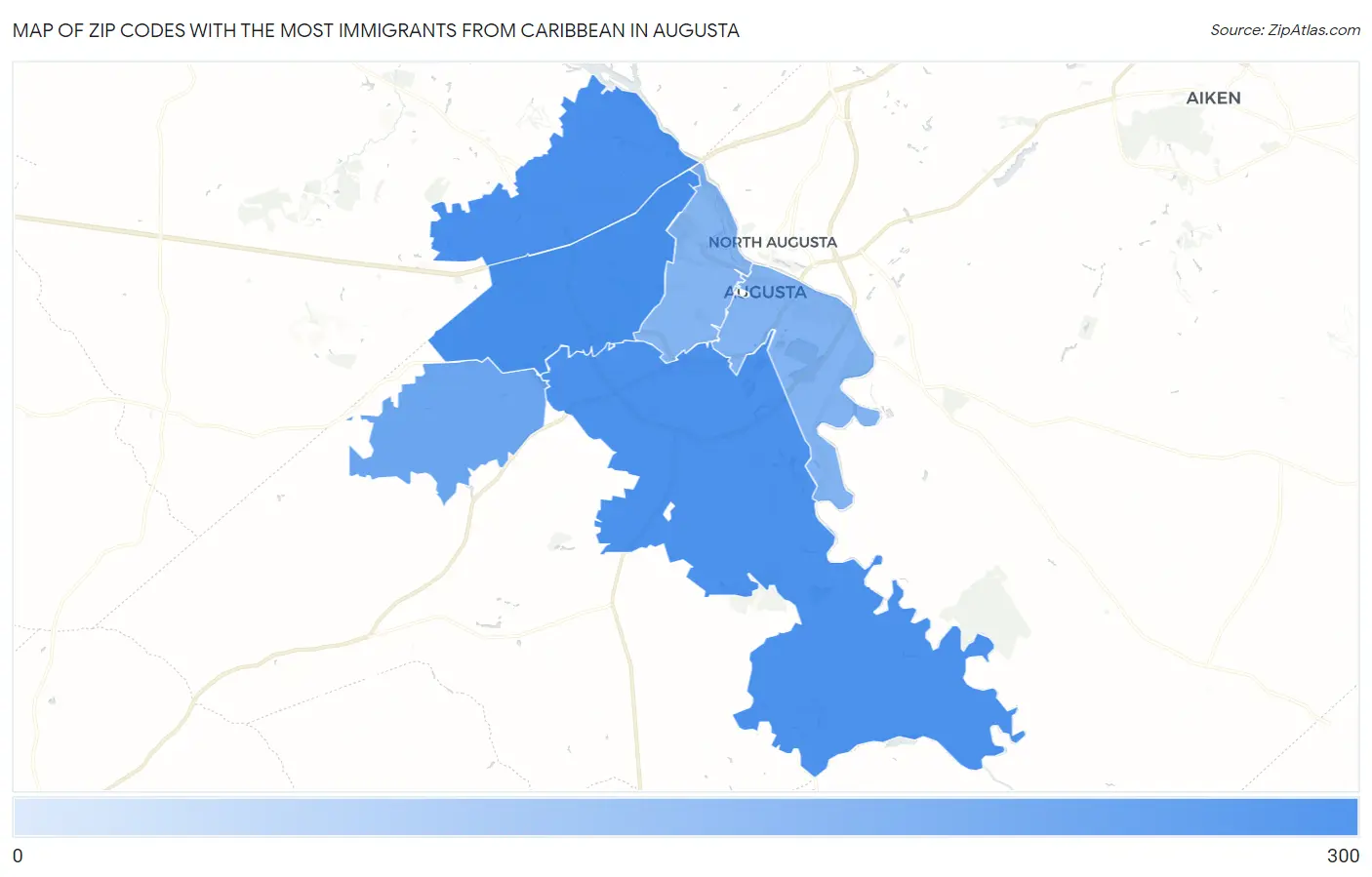 Zip Codes with the Most Immigrants from Caribbean in Augusta Map