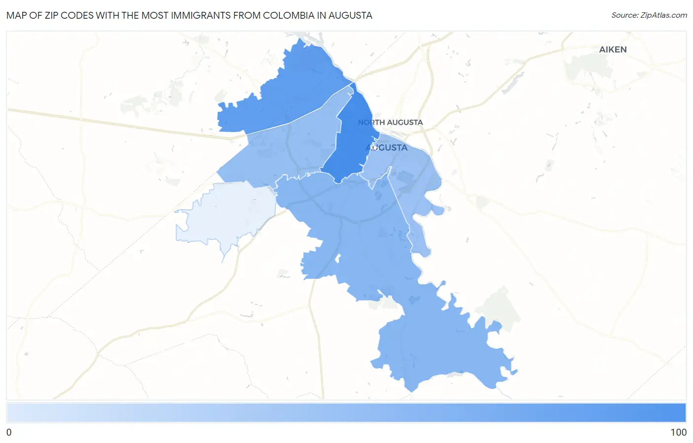 Zip Codes with the Most Immigrants from Colombia in Augusta Map