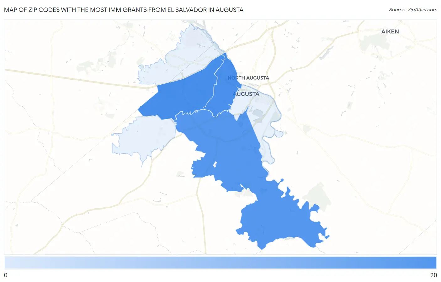 Zip Codes with the Most Immigrants from El Salvador in Augusta Map