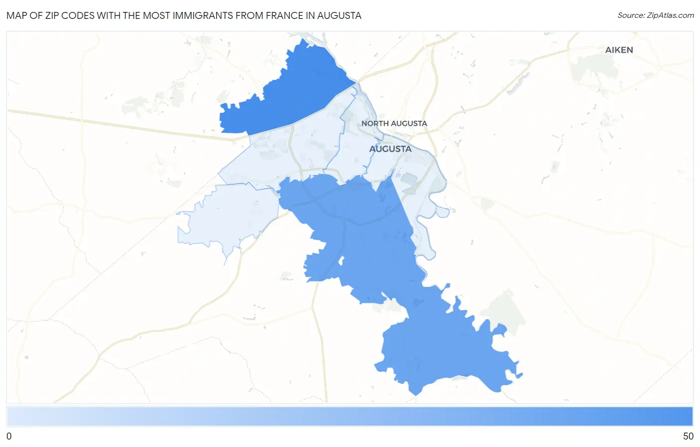 Zip Codes with the Most Immigrants from France in Augusta Map