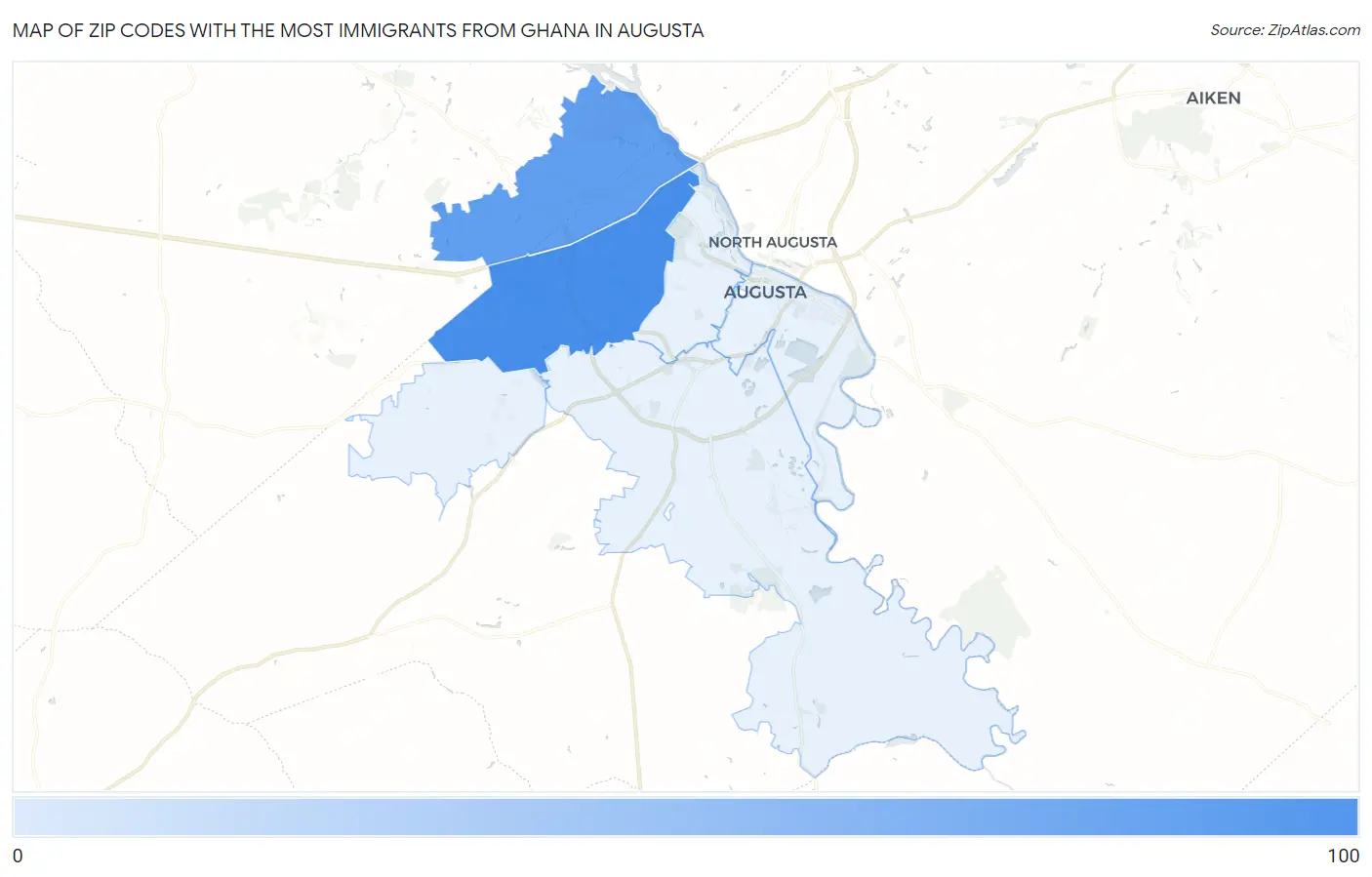 Zip Codes with the Most Immigrants from Ghana in Augusta Map