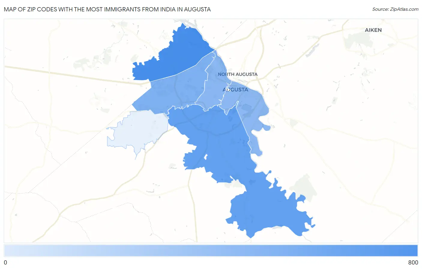 Zip Codes with the Most Immigrants from India in Augusta Map