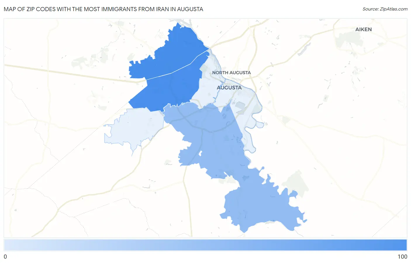 Zip Codes with the Most Immigrants from Iran in Augusta Map