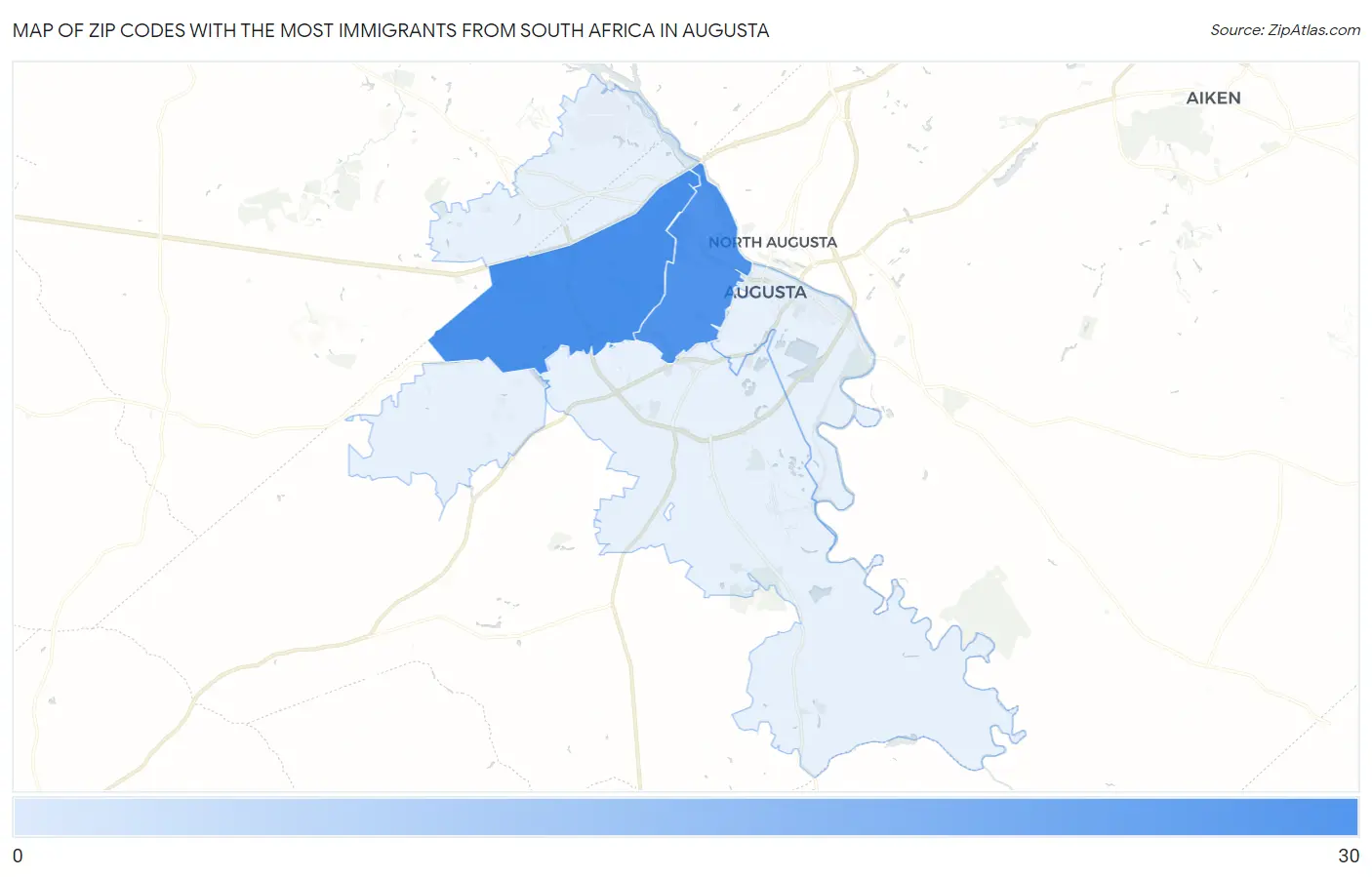 Zip Codes with the Most Immigrants from South Africa in Augusta Map