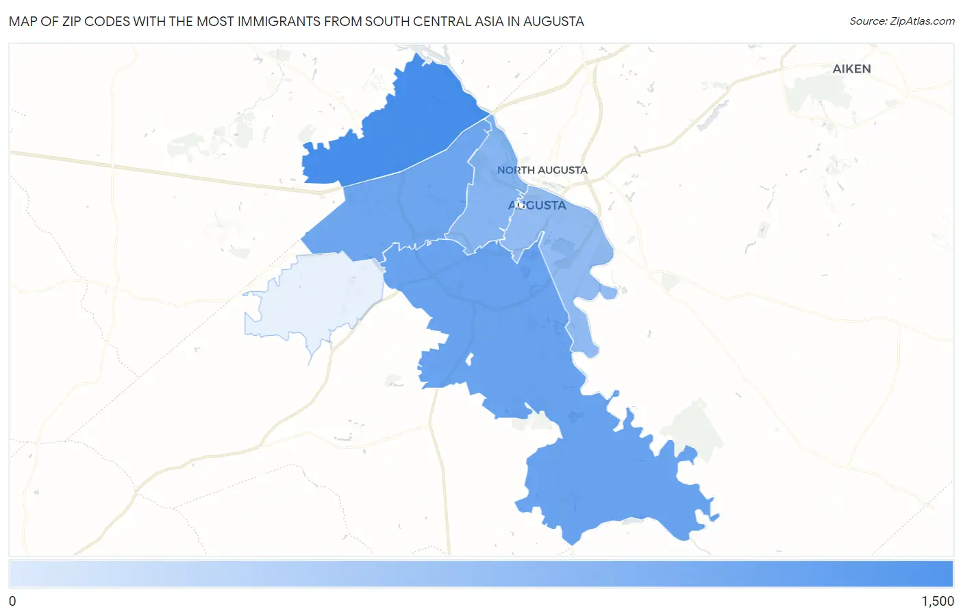 Zip Codes with the Most Immigrants from South Central Asia in Augusta Map