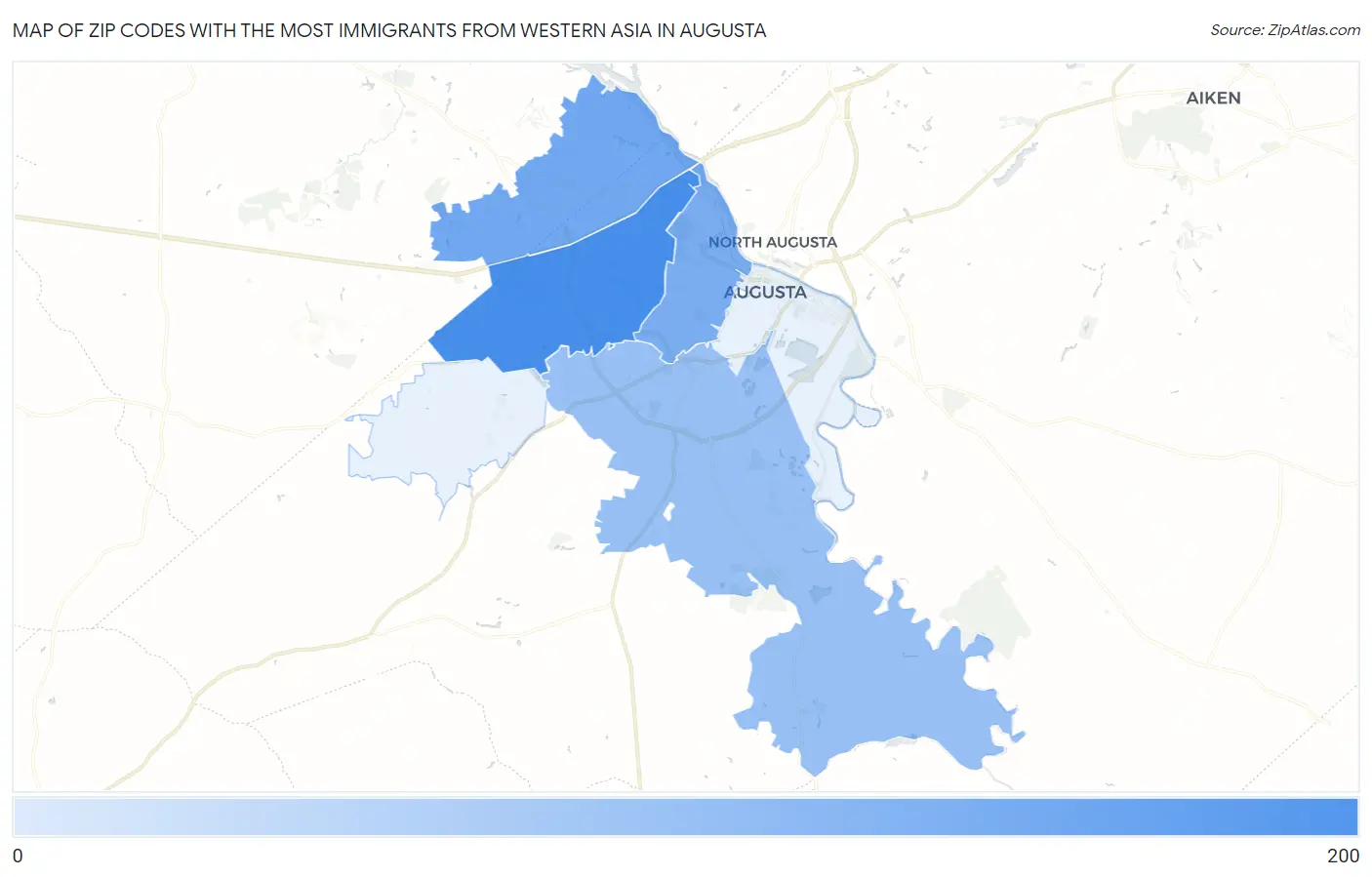 Zip Codes with the Most Immigrants from Western Asia in Augusta Map
