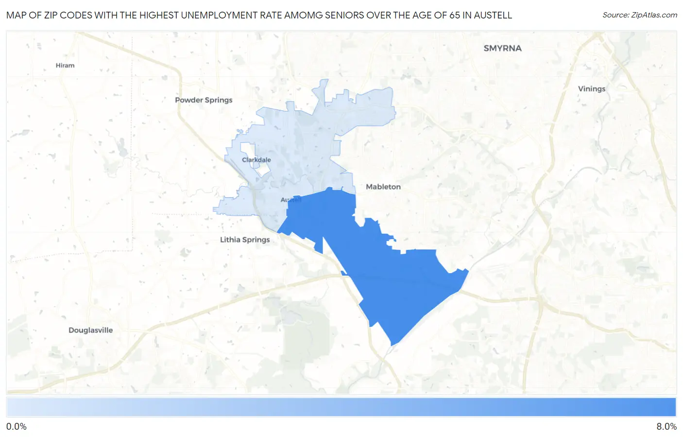 Zip Codes with the Highest Unemployment Rate Amomg Seniors Over the Age of 65 in Austell Map