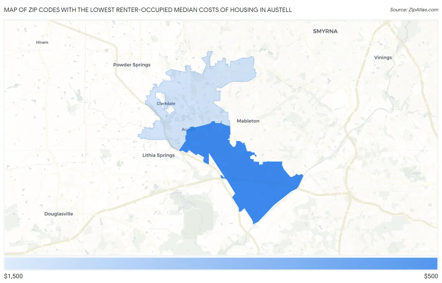Zip Codes with the Lowest Renter-Occupied Median Costs of Housing in Austell Map
