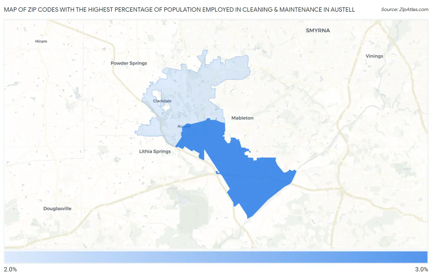 Zip Codes with the Highest Percentage of Population Employed in Cleaning & Maintenance in Austell Map