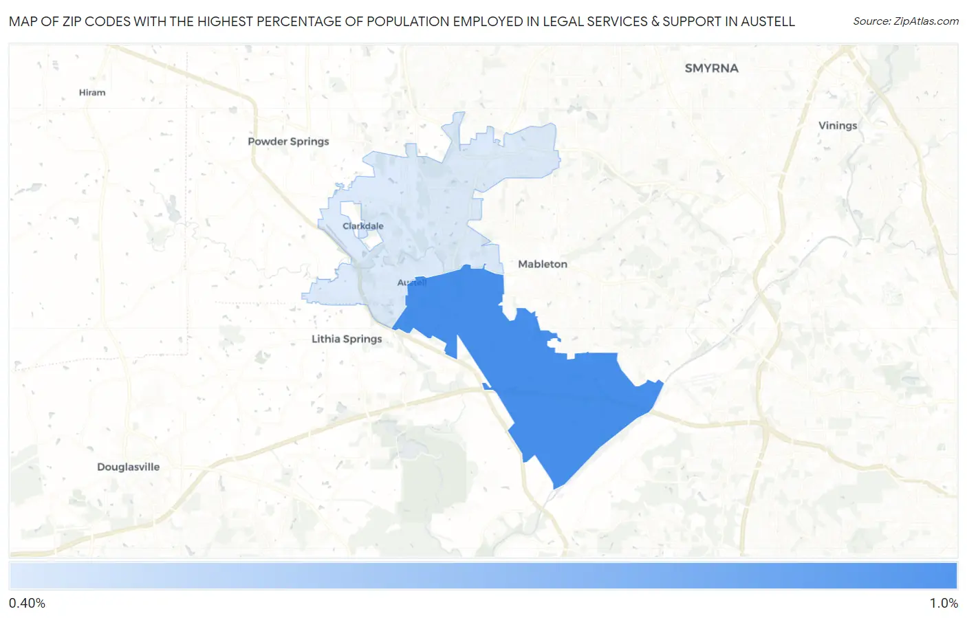 Zip Codes with the Highest Percentage of Population Employed in Legal Services & Support in Austell Map
