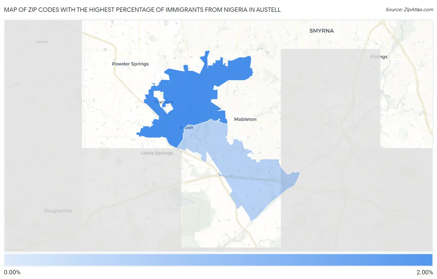 Zip Codes with the Highest Percentage of Immigrants from Nigeria in Austell Map