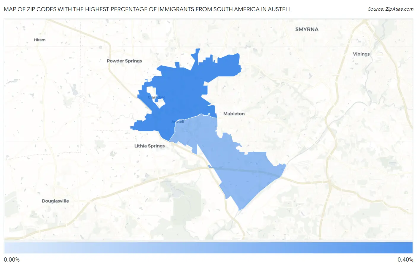 Zip Codes with the Highest Percentage of Immigrants from South America in Austell Map