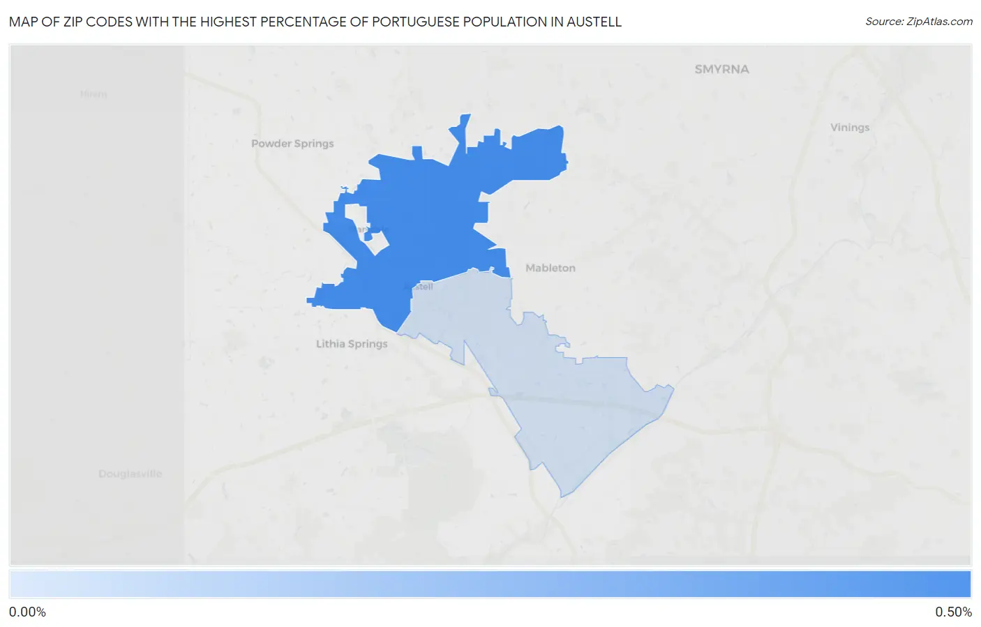 Zip Codes with the Highest Percentage of Portuguese Population in Austell Map