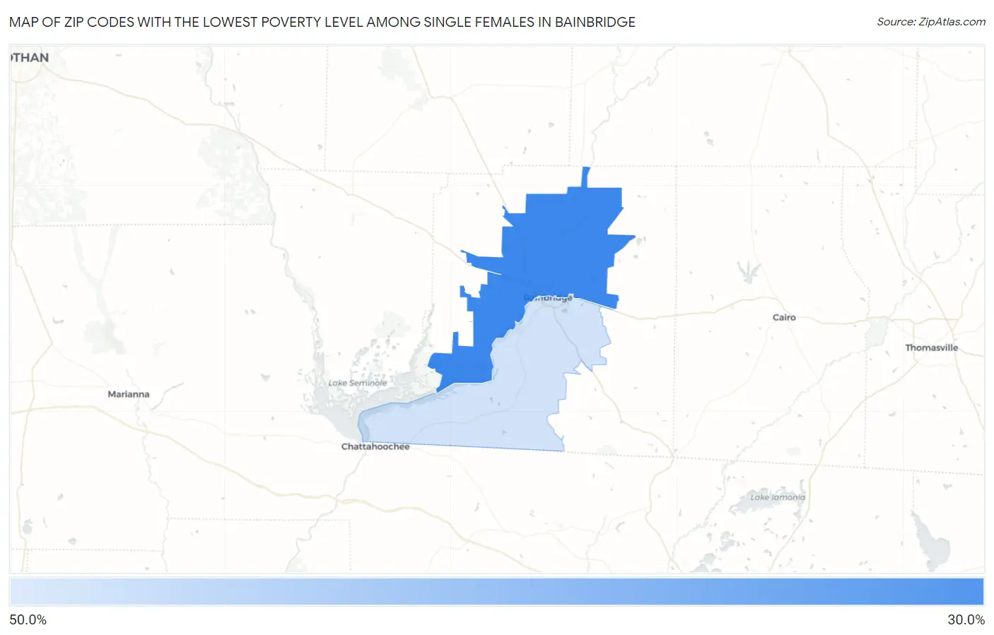 Zip Codes with the Lowest Poverty Level Among Single Females in Bainbridge Map