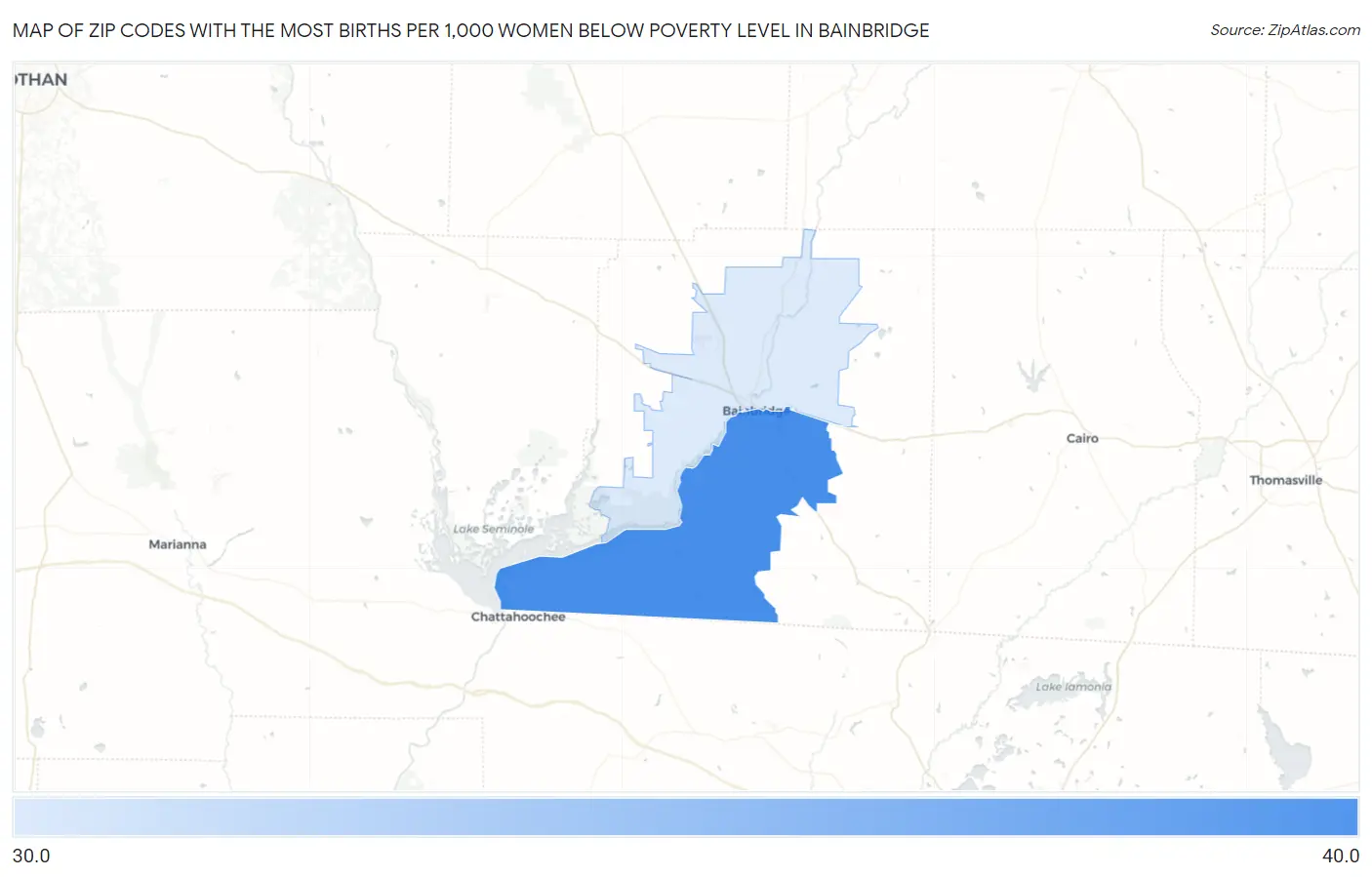 Zip Codes with the Most Births per 1,000 Women Below Poverty Level in Bainbridge Map