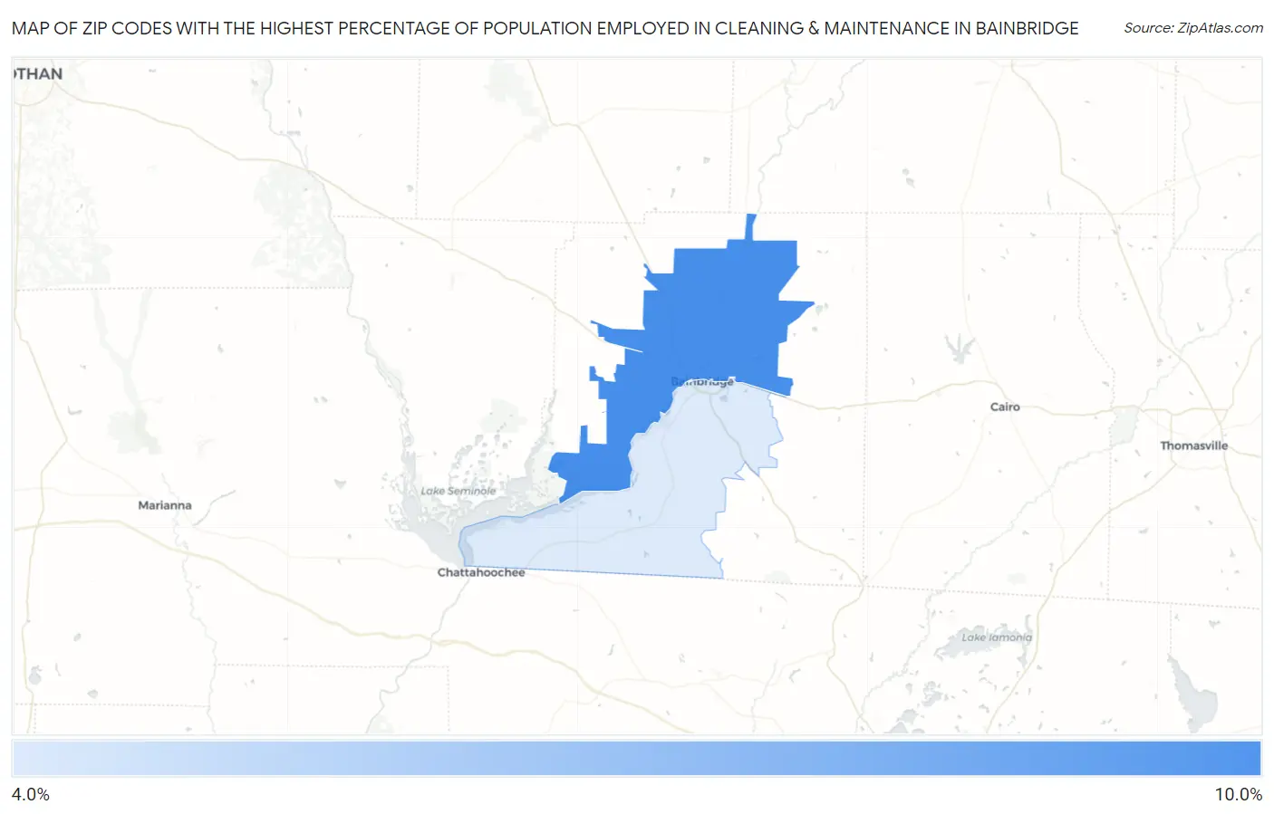 Zip Codes with the Highest Percentage of Population Employed in Cleaning & Maintenance in Bainbridge Map
