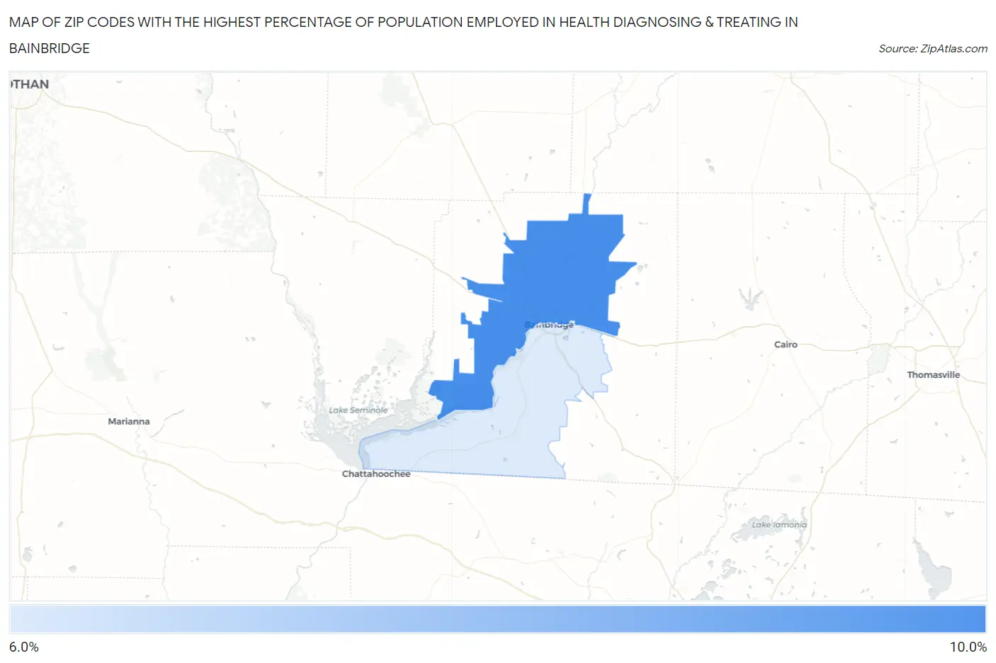 Zip Codes with the Highest Percentage of Population Employed in Health Diagnosing & Treating in Bainbridge Map