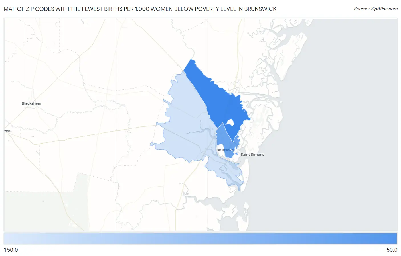 Zip Codes with the Fewest Births per 1,000 Women Below Poverty Level in Brunswick Map