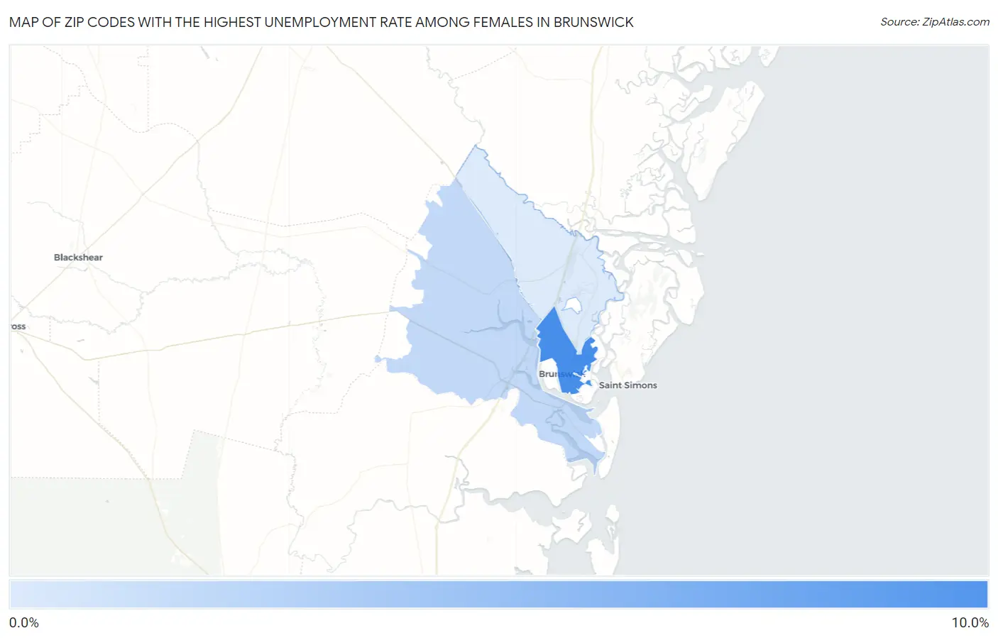 Zip Codes with the Highest Unemployment Rate Among Females in Brunswick Map