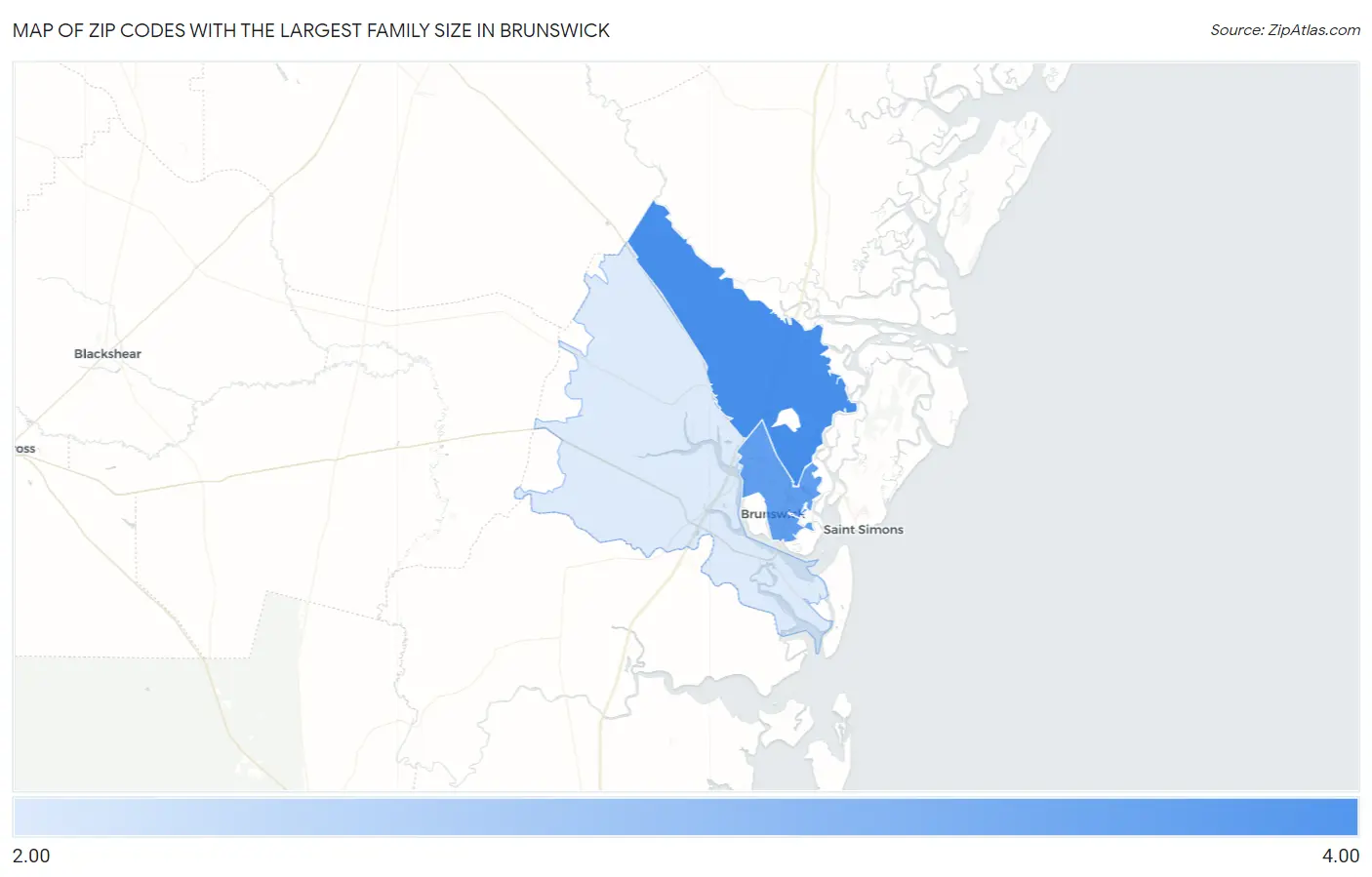 Zip Codes with the Largest Family Size in Brunswick Map