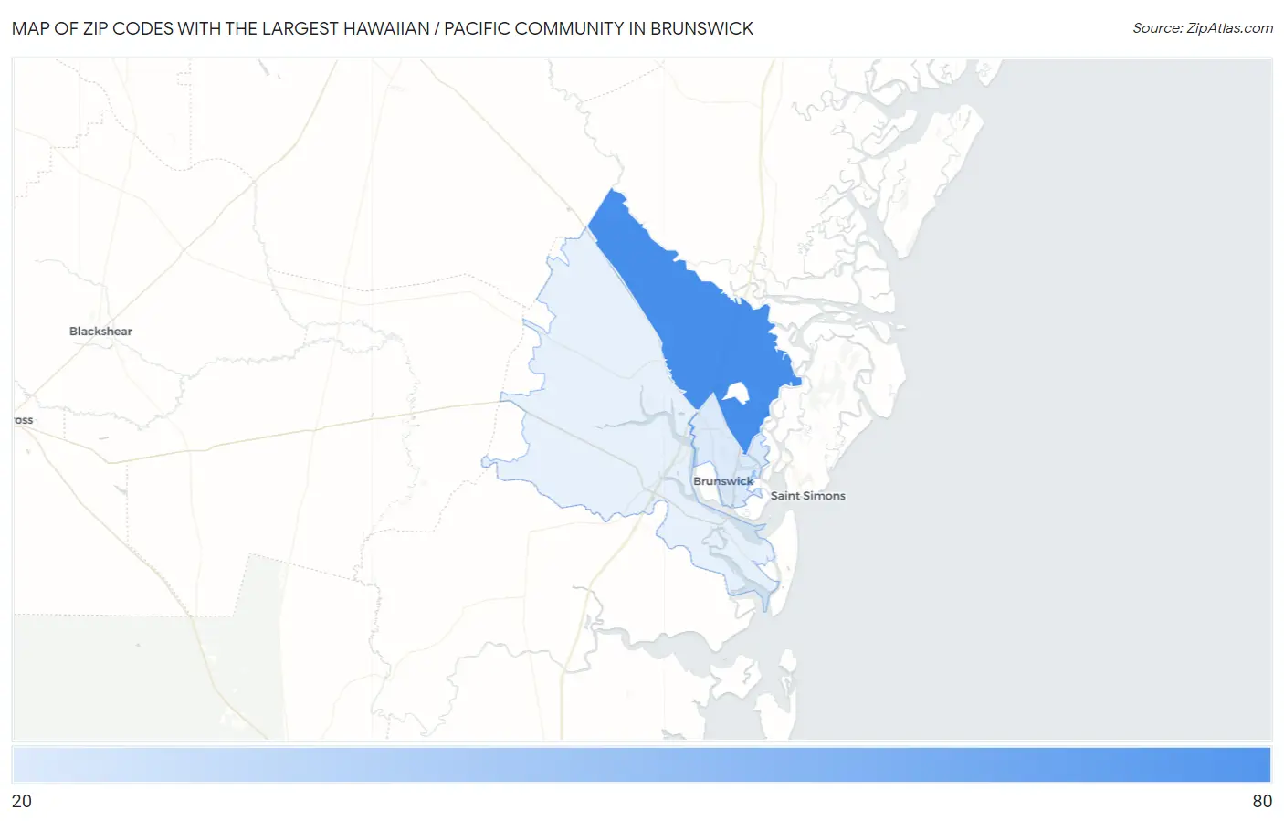 Zip Codes with the Largest Hawaiian / Pacific Community in Brunswick Map
