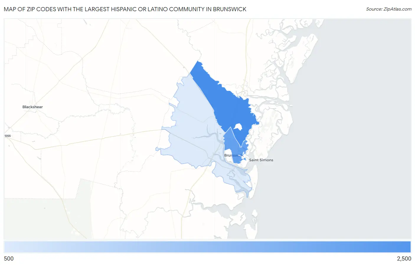 Zip Codes with the Largest Hispanic or Latino Community in Brunswick Map