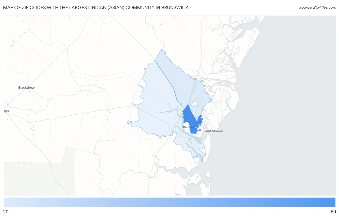Zip Codes with the Largest Indian (Asian) Community in Brunswick Map