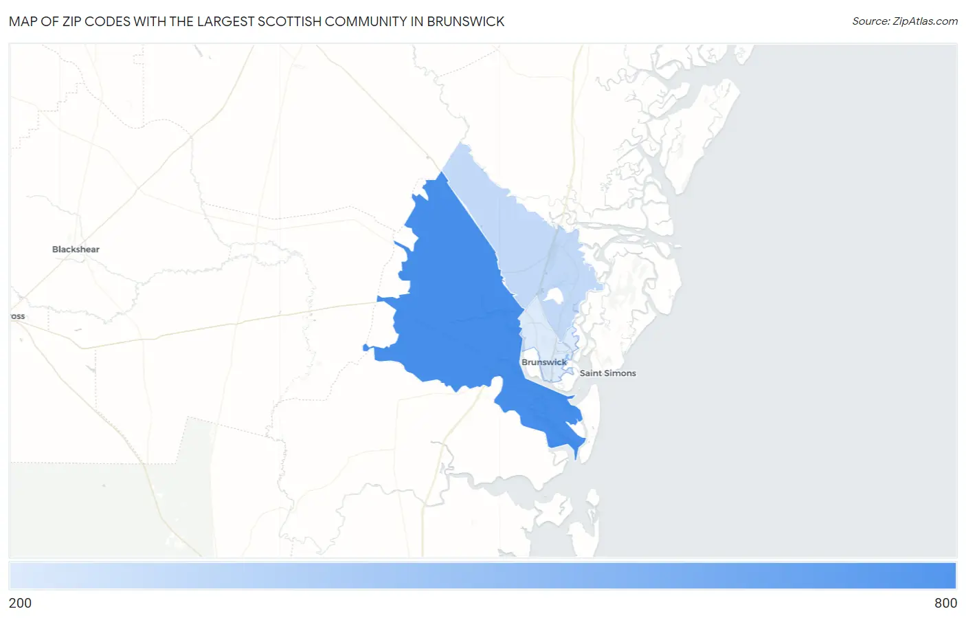 Zip Codes with the Largest Scottish Community in Brunswick Map