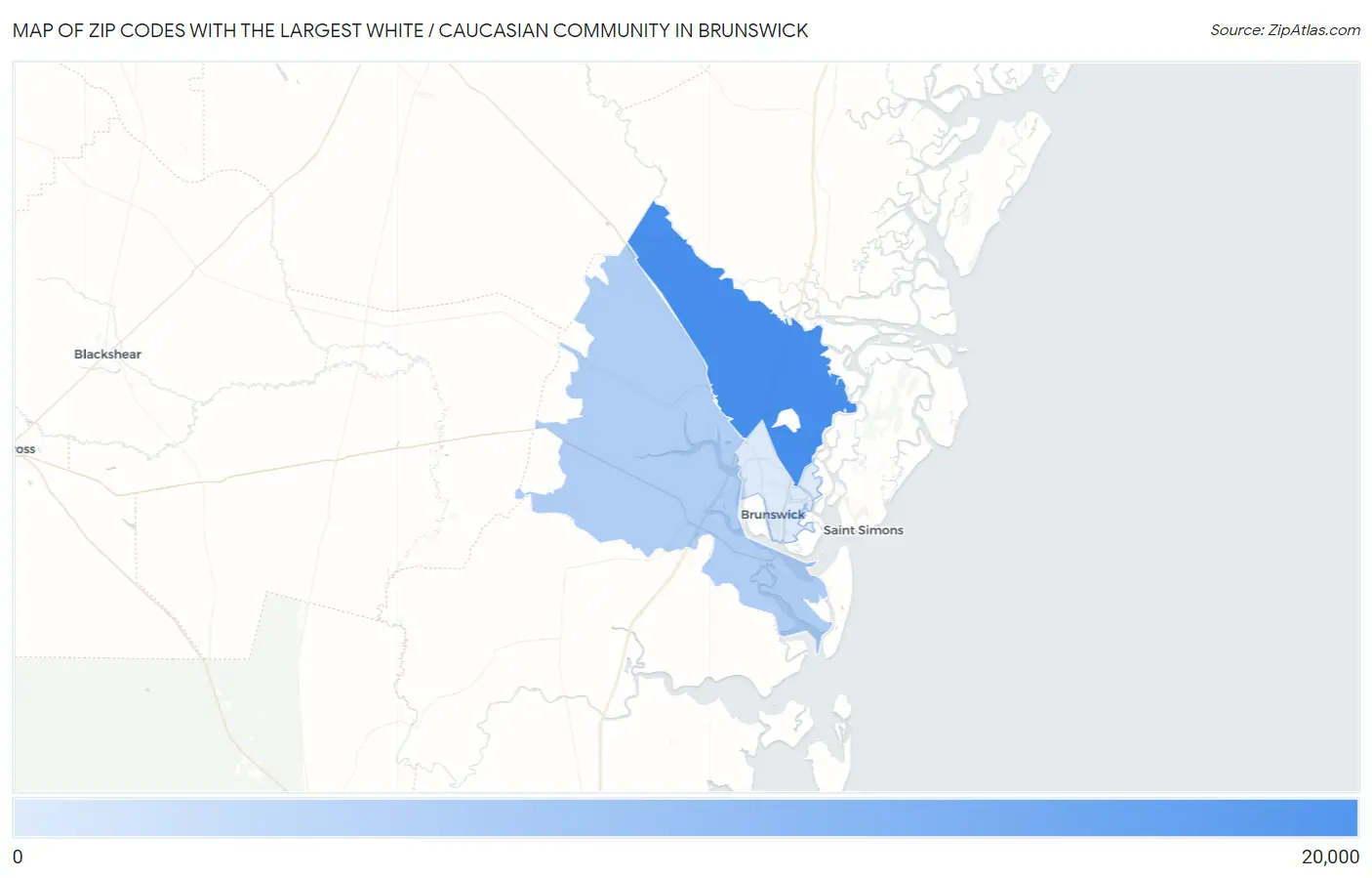 Zip Codes with the Largest White / Caucasian Community in Brunswick Map