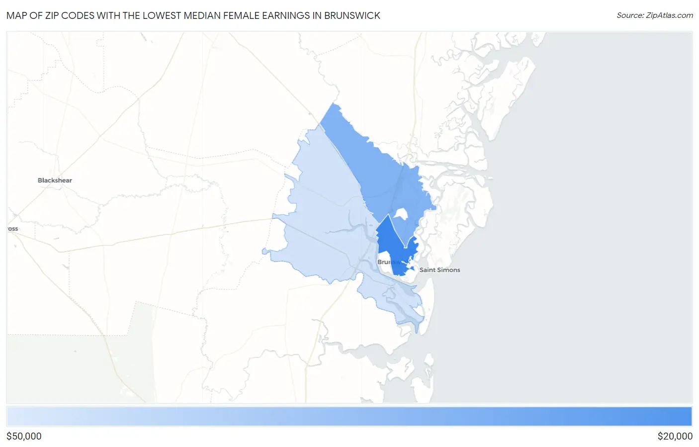 Zip Codes with the Lowest Median Female Earnings in Brunswick Map