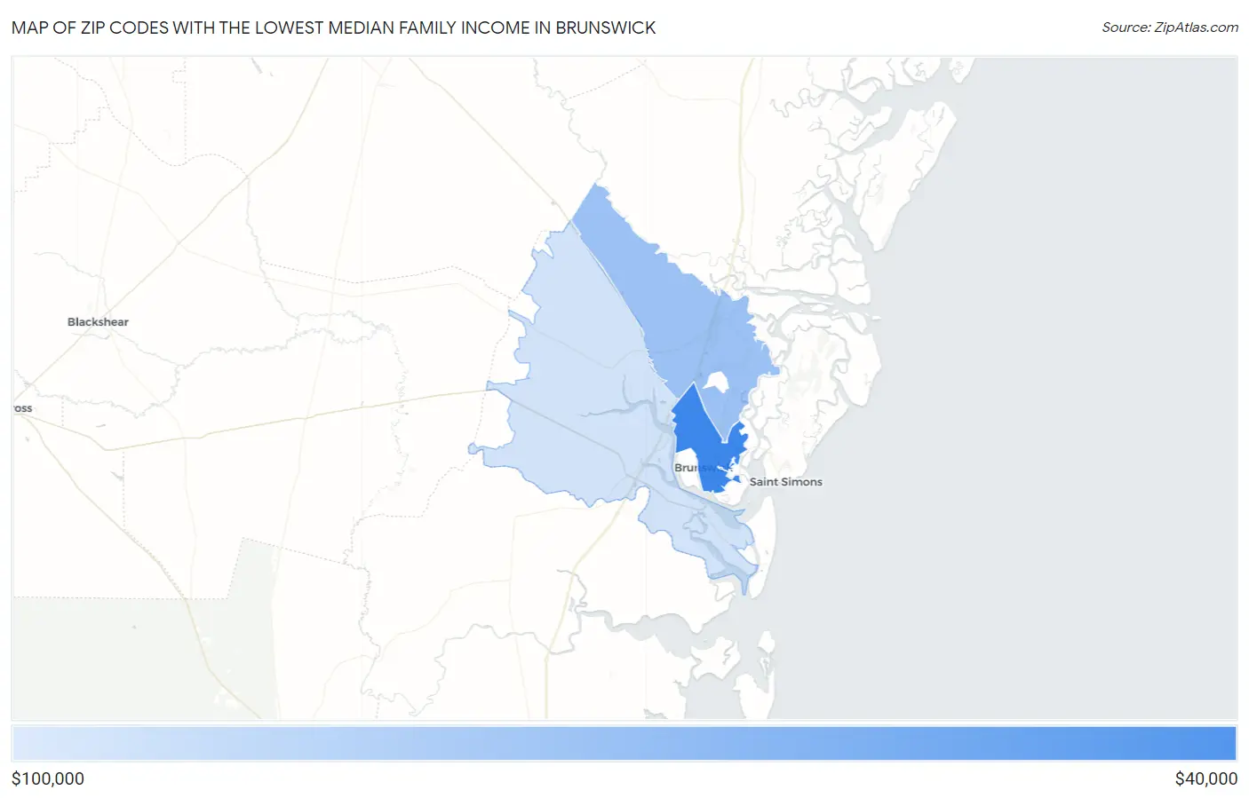 Zip Codes with the Lowest Median Family Income in Brunswick Map