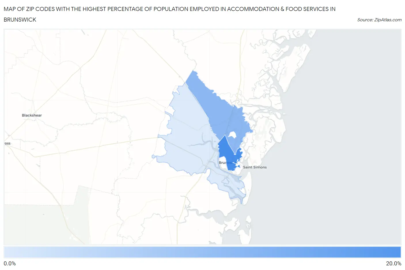 Zip Codes with the Highest Percentage of Population Employed in Accommodation & Food Services in Brunswick Map